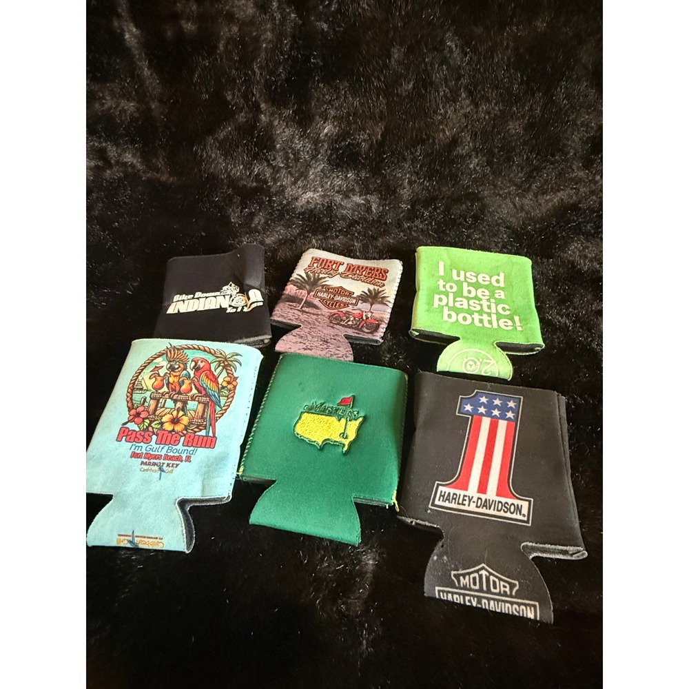 Lot of 6 Koozie Beer Drink Alcohol Can Bottle Holders Masters Golf Harley